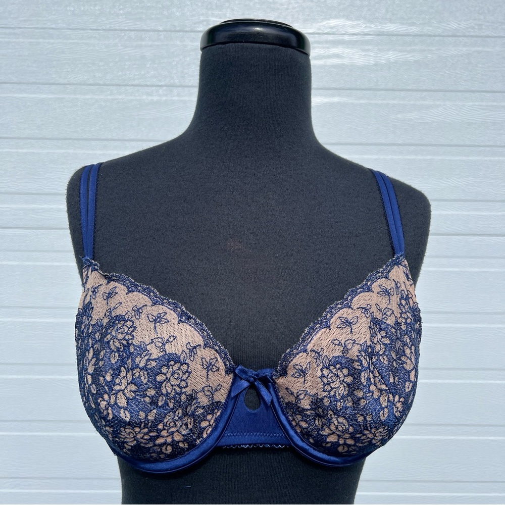Victoria’s Secret Blue Balconet Push Up Embroidered Lace Semi Sheer Bra, 34D